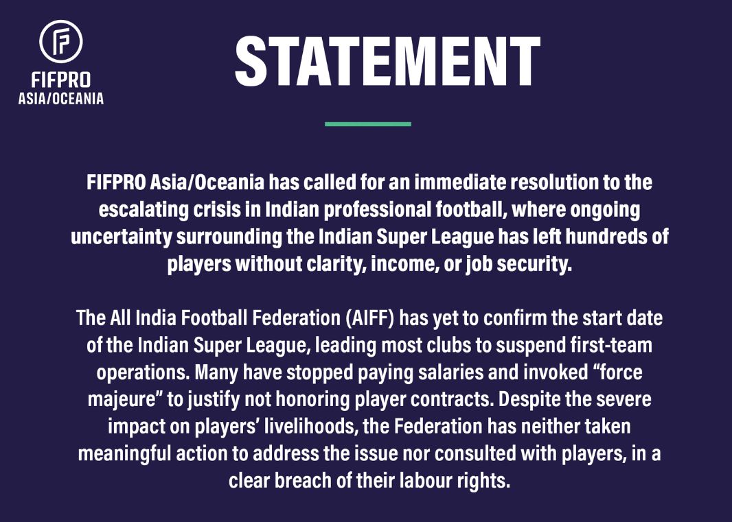 FIFPRO、FIFAにインドサッカー危機解決への介入を求める声明を発表